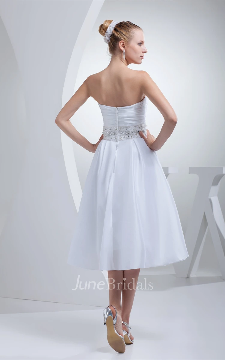Sweetheart Tea-Length A-Line Dress with Ruching and Jeweled Waist