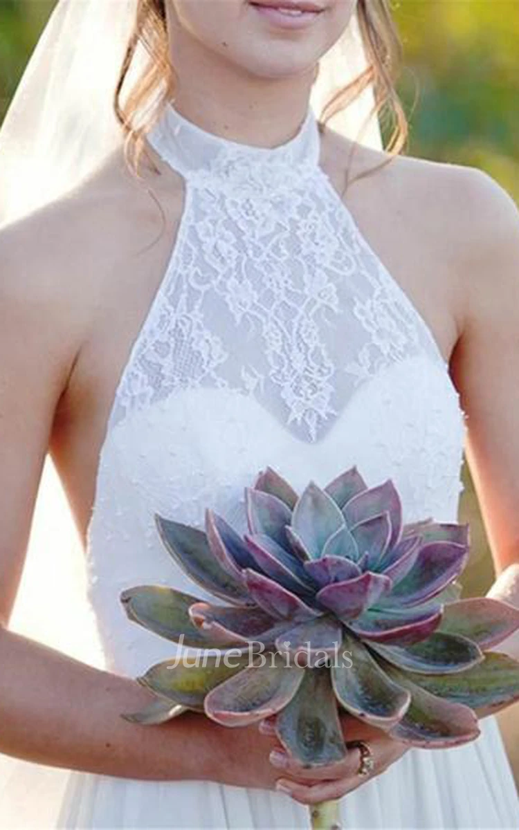 Backless Halter Lace A-line High Neck Chiffon Wedding Dress