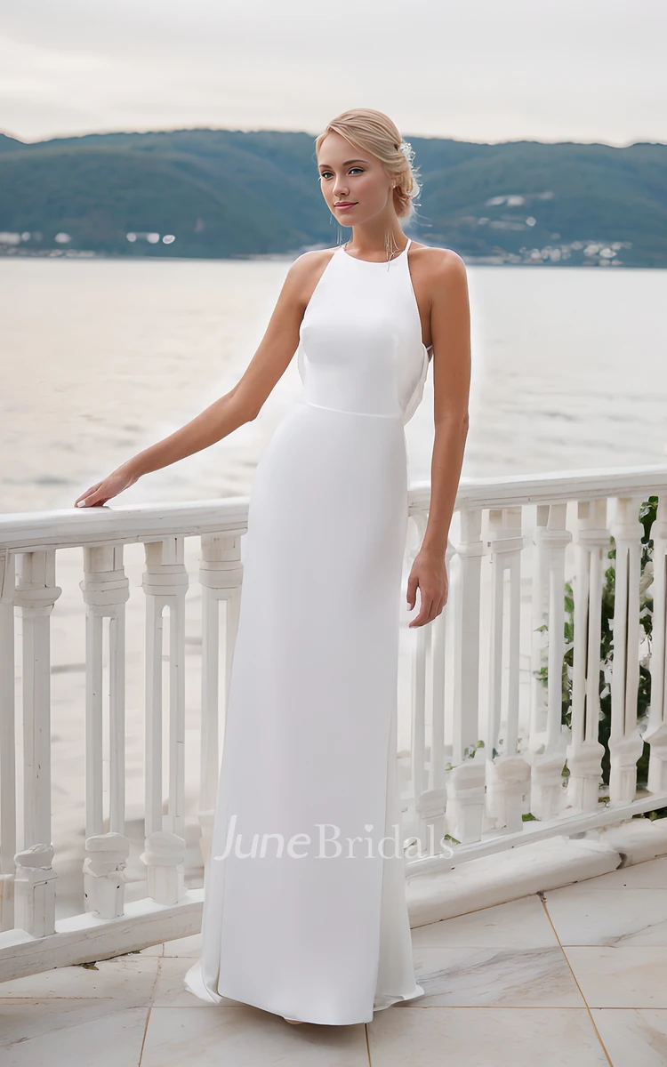 Simple Sexy Sheath Halter Neck Solid Wedding Dress Beach Floor-length Sleeveless Open Cross Straps Cowl Back Bridal Gown with Sweep Train