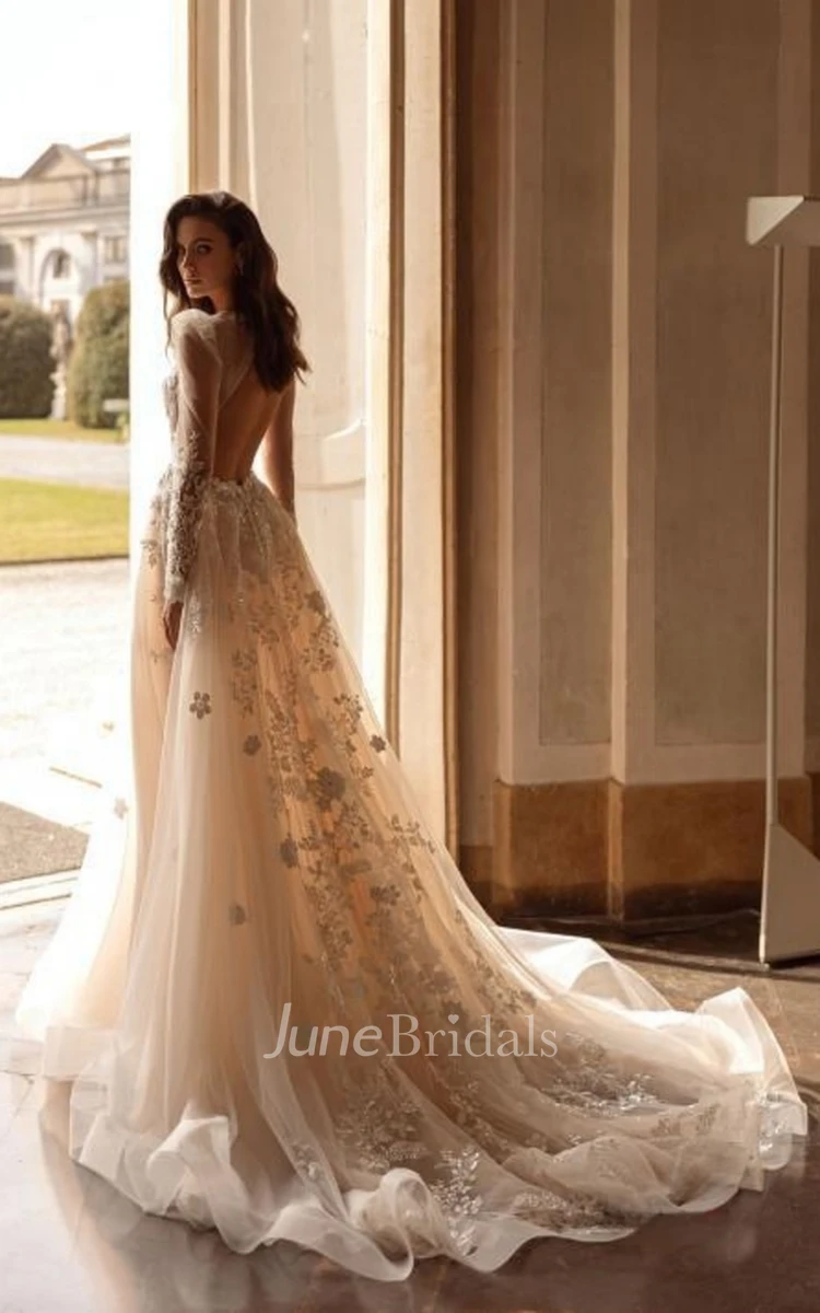 Romantic Tulle A-Line Bridal Dress Long Sleeve V-neck Bohemian Backless  Appliques Chapel Train - June Bridals