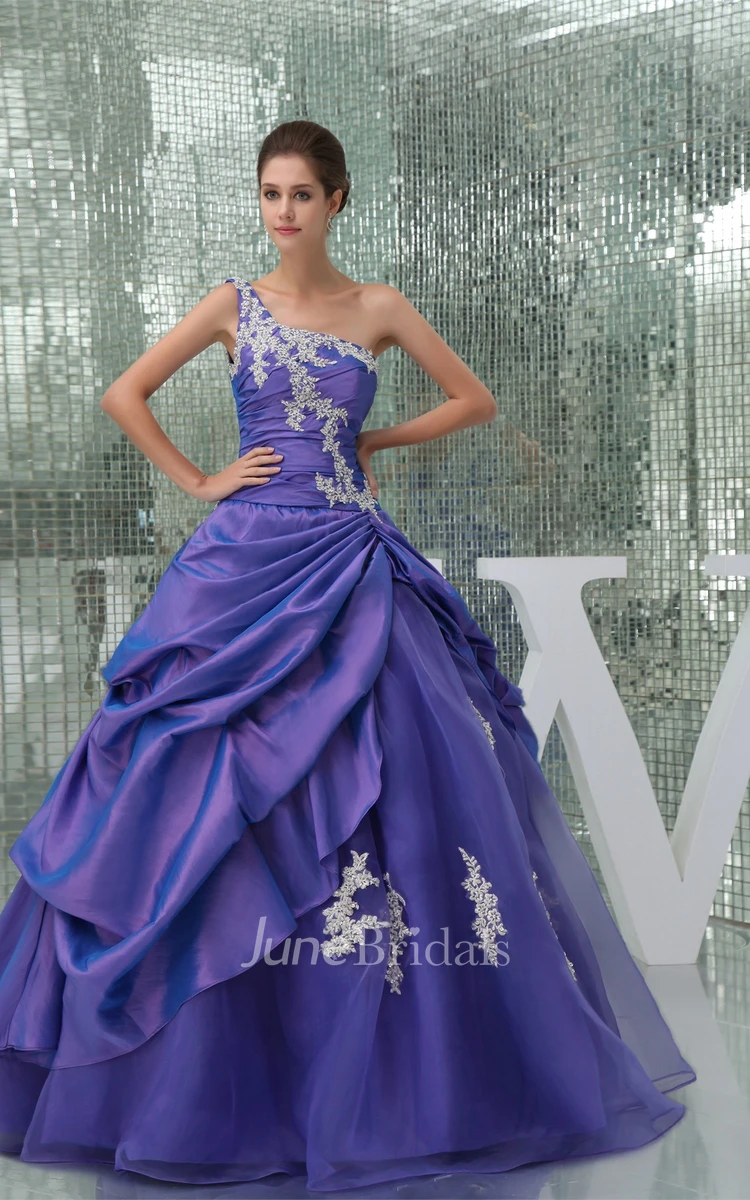One-Shoulder Ruched Pick-Up Ball Gown with Appliques