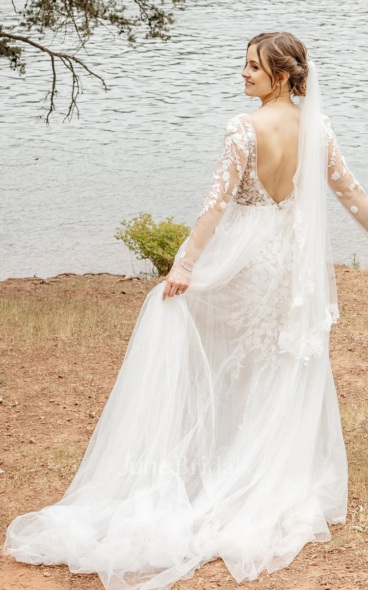 Boho Appliques Long Sleeve Wedding Dress Tulle Court Train Illusion Bridal Gowns