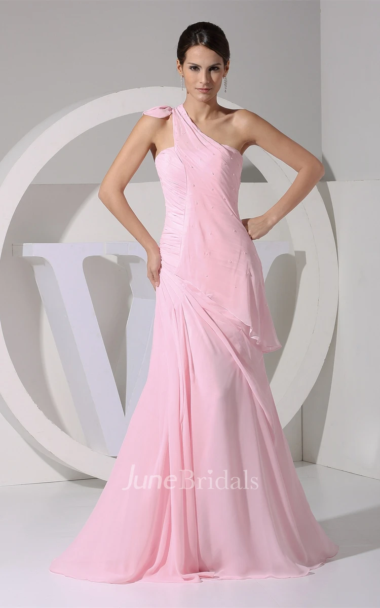 One-Shoulder Chiffon Sheath Dress with Ruching and Epaulet