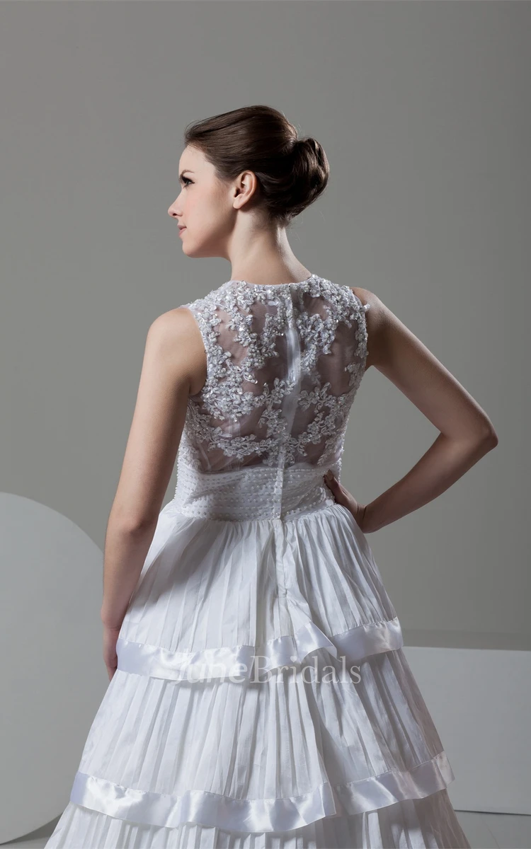 Sleeveless Tiered A-Line Gown with Appliques and Illusion Top