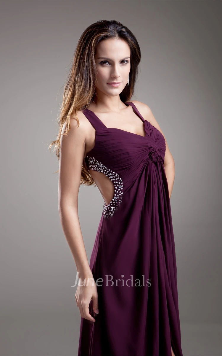 chiffon front-split strapped dress with beading and keyhole