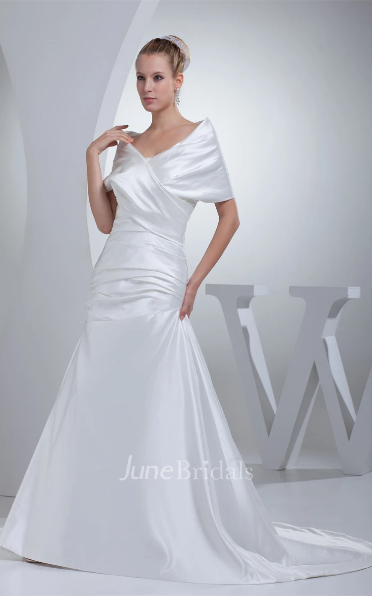 V-Neck Ruched Satin A-Line Gown with Wrap Design and Court Train