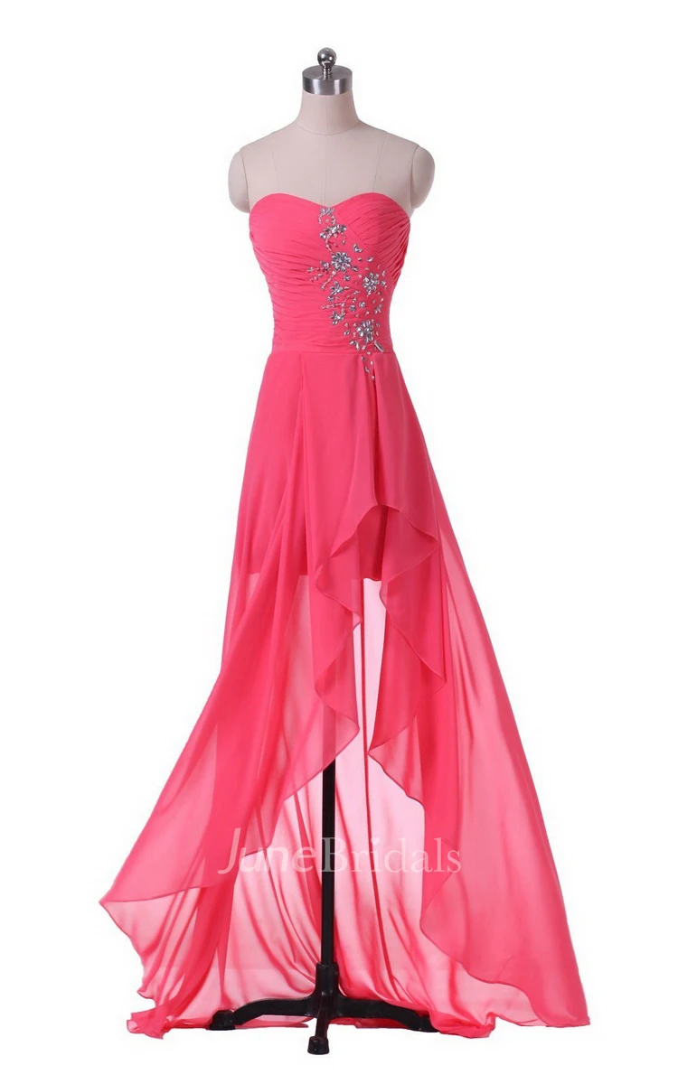 Strapless Front Slit Dress With Draping and Appliques