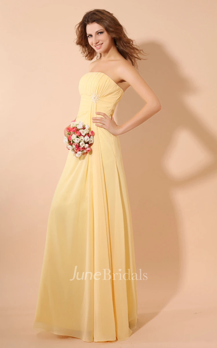 Chiffon Strapless Empire Dress With Draping And Broach