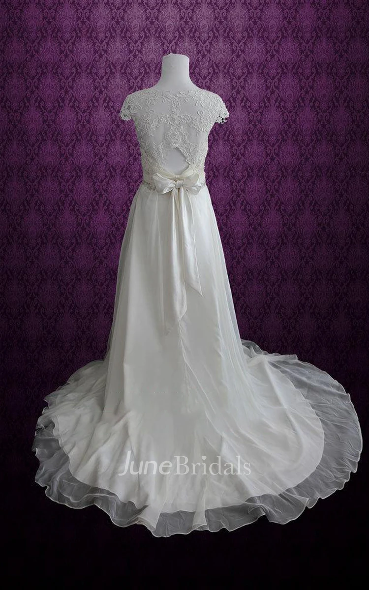 V-Neck Cap Keyhole Back Long Chiffon Wedding Dress With Appliques And Bow