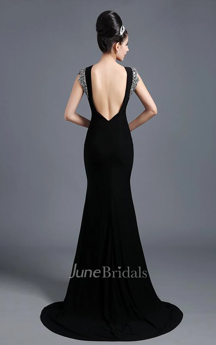 Elegant Jewel Cap Sleeve Black Prom Dress With Sequins Beadings