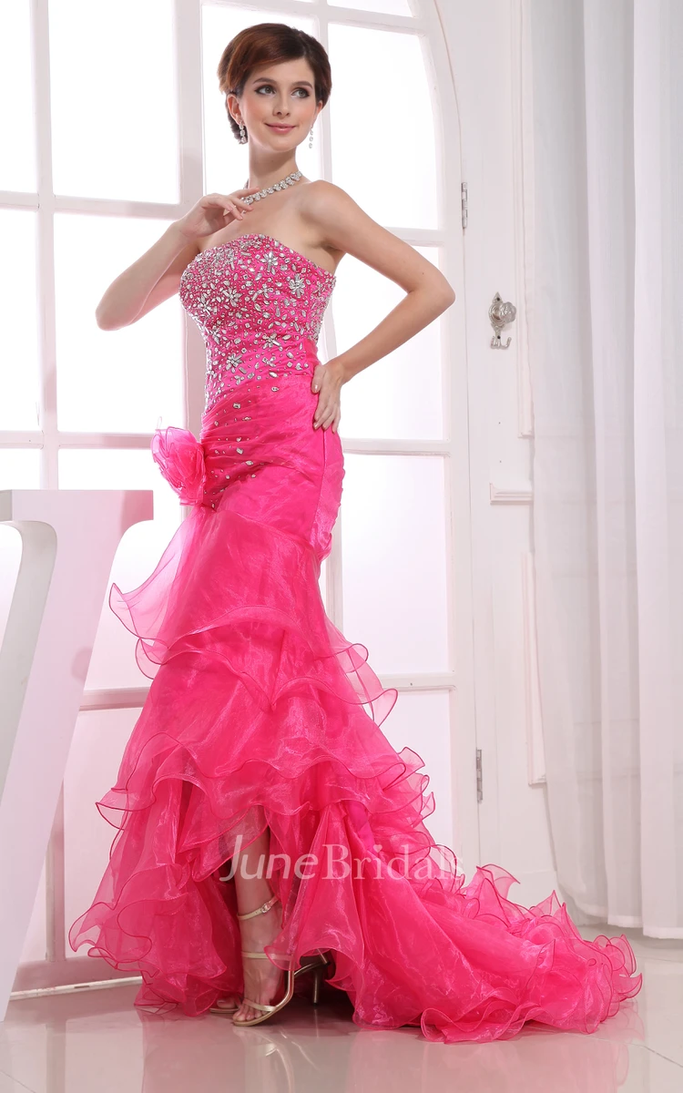 Strapless Beaded Sheath Dress With Ruffles and Brush Train