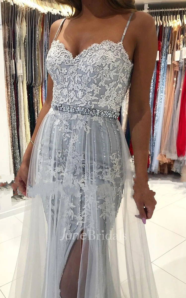 Modern A Line Sweep Train Sleeveless Tulle Spaghetti Formal Dress with Appliques