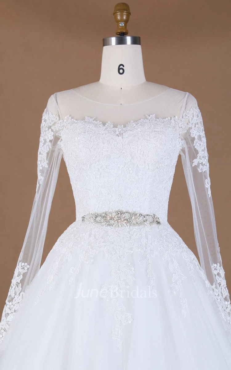 Ball Gown Long Sleeve Lace Weddig Dress With Beading Broach