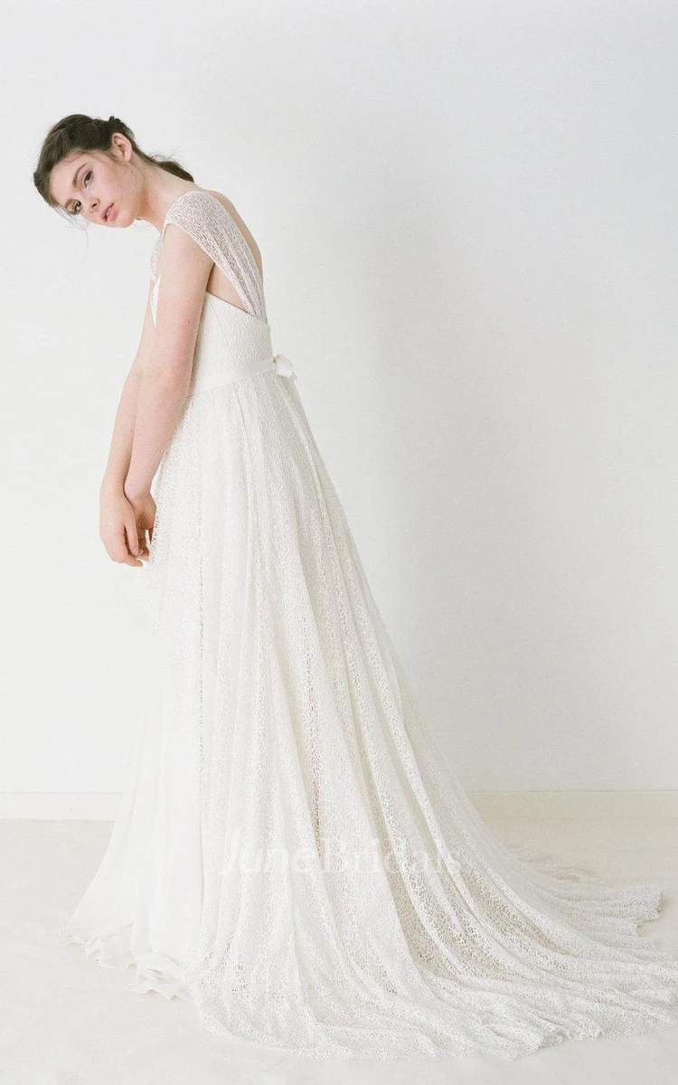 Lace Wedding Gown With Cap Sleeves and Chiffon