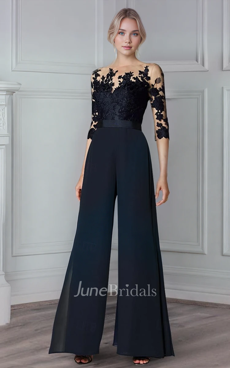 Formal Floral Jumpsuit Detachable A-Line Boho MOB Dress Modern Flowy Maxi  Chiffon Lace Party Evening Gown - June Bridals