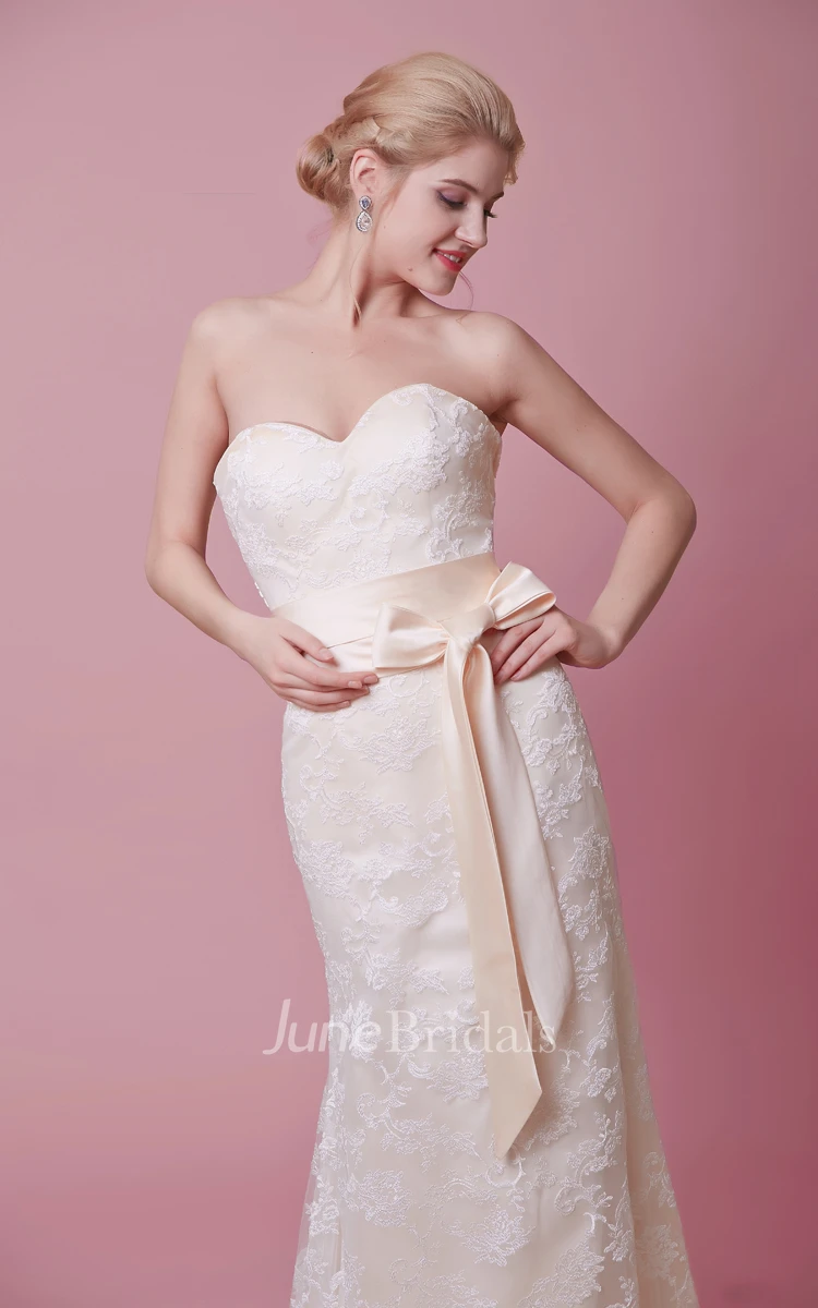 Sheath Strapless Sweetheart Lace Dress With Removable Satin Bow Sash