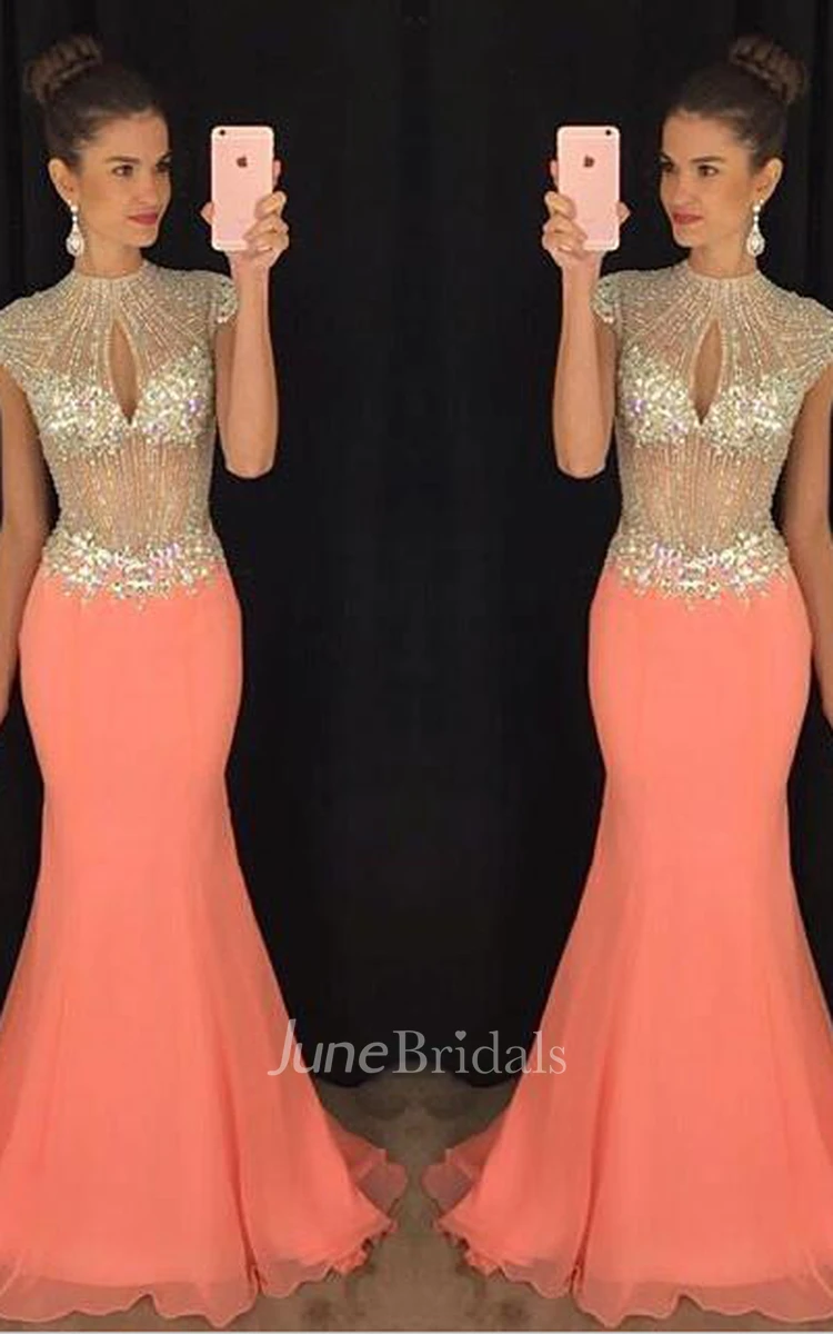 Stunning High-Neck Crystal Prom Dresses Mermaid Long Chiffon Party Gown