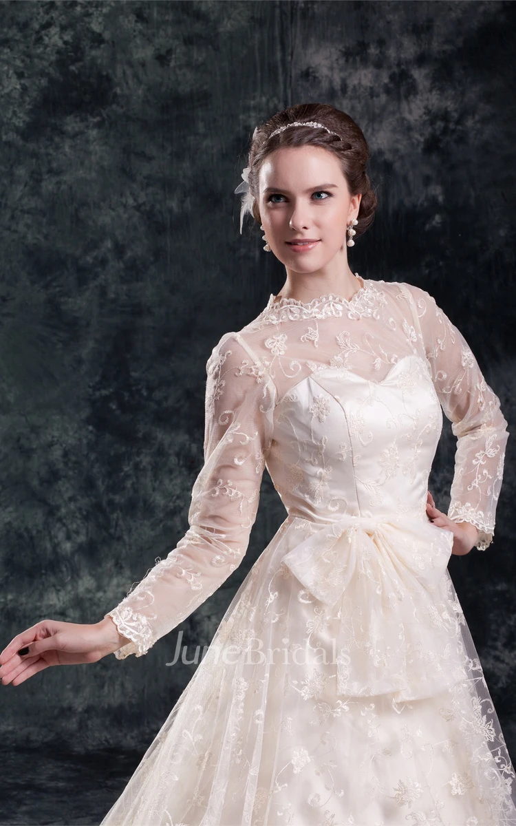 high-neck lace a-line long-sleeve dress with bow and tulle
