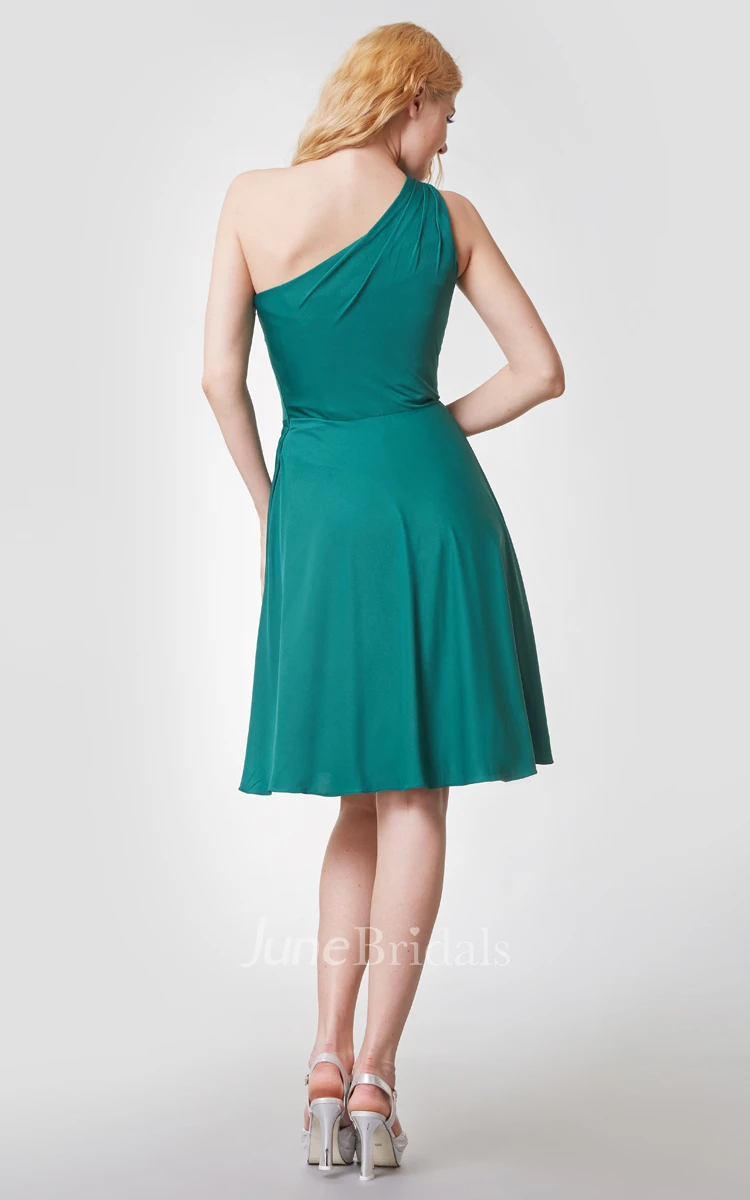 Ruched A-line One Shoulder Short Jersey Dress With Knot