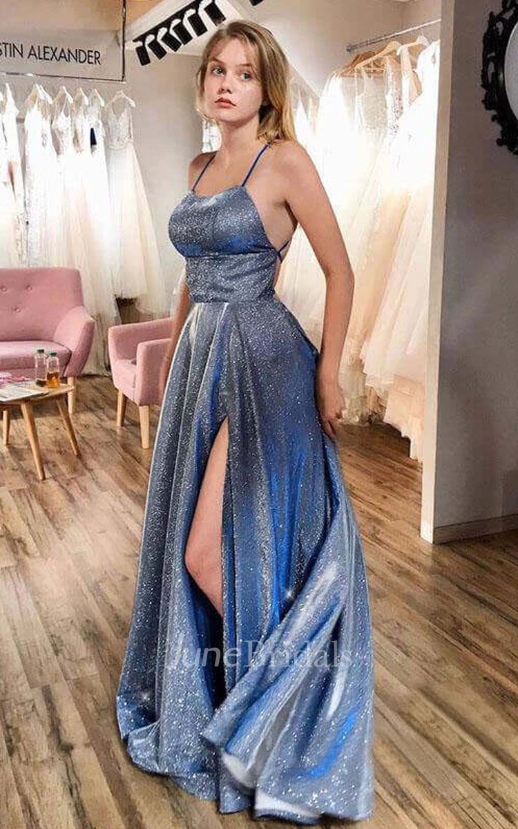Romantic A Line Spaghetti Sequins Floor-length Evening Dress With Open Back