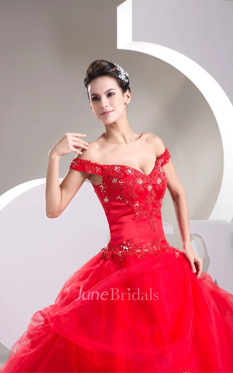 Off-The-Shoulder Ruffled Ball Gown with Appliques and Corset Back