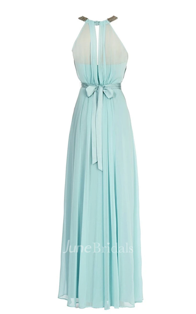Jewel Pleated Chiffon A-line Gown With Satin Sash