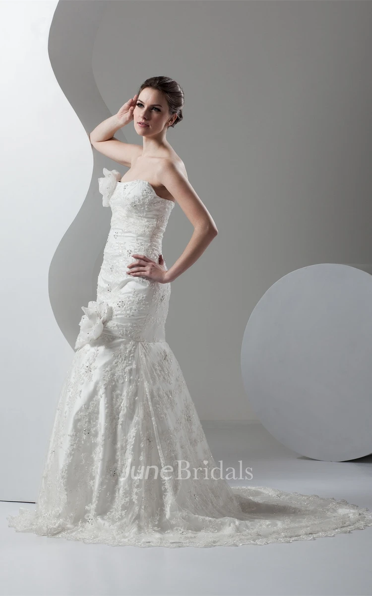 Strapless Lace Floor-Length Dress with Flower and Beading