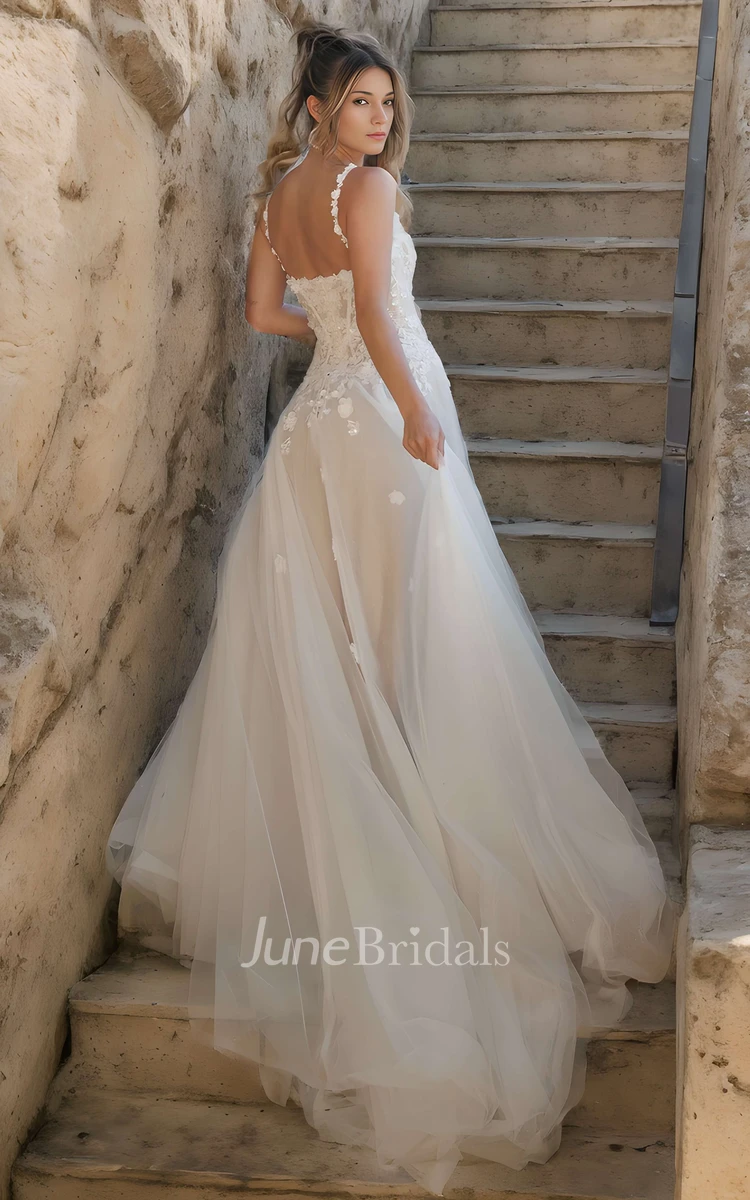 Ethereal Romantic A-Line Lace Bohemian Wedding Dress with Front Slit Flower Strap Sweetheart Gown