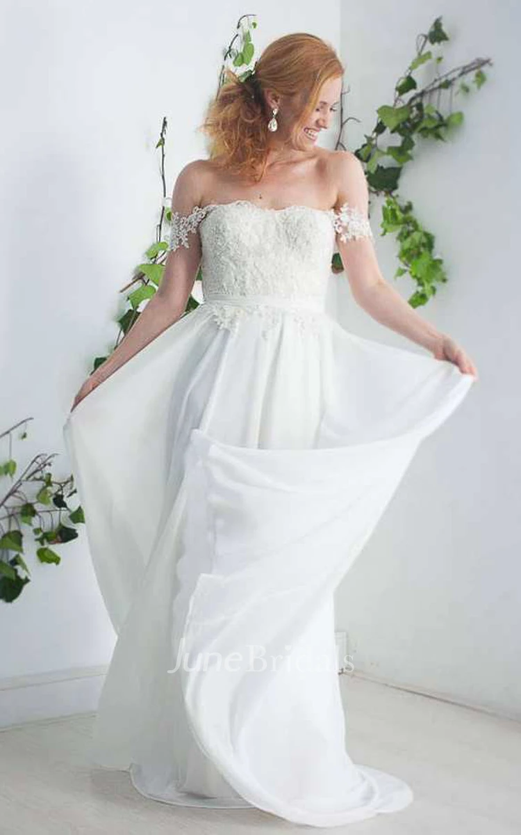 Chiffon Satin Beaded Lace Button Wedding Dress