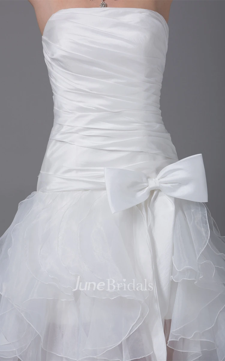 Strapless High-Low Ruffled Dress with Ruching and Bow