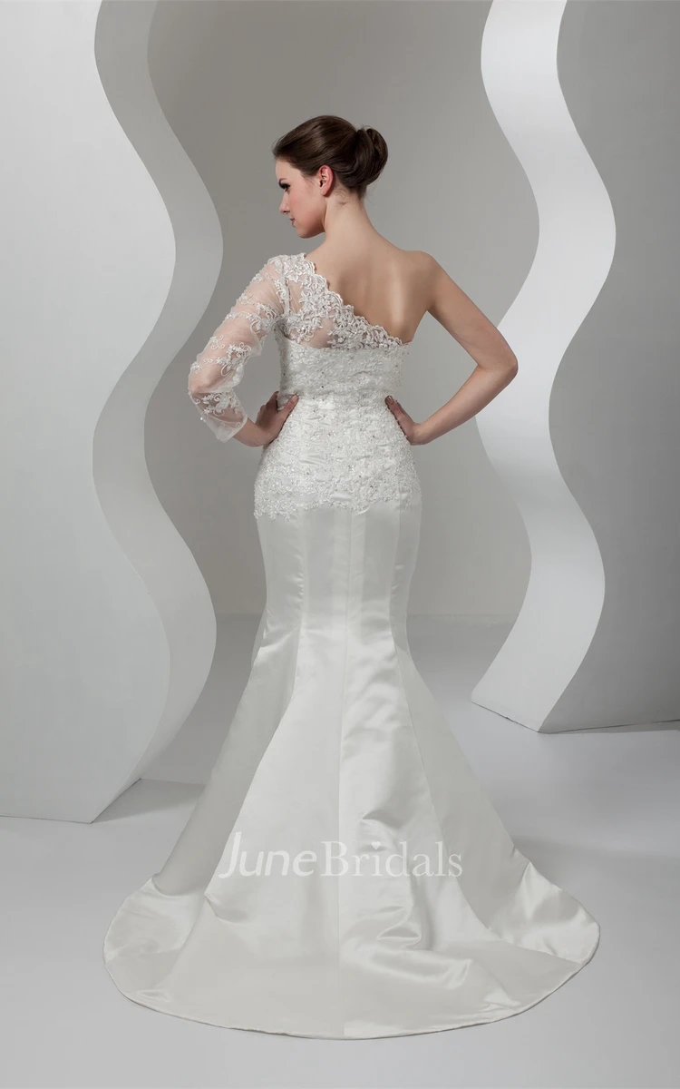 Asymmetrical Mermaid Appliqued Gown with Illusion One Sleeve