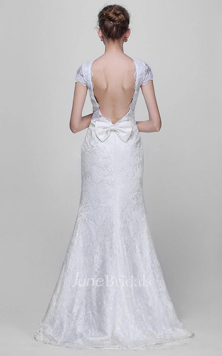 Scalloped Backless Sheath Lace Wedding Dress With Bow And Cap Sleeve