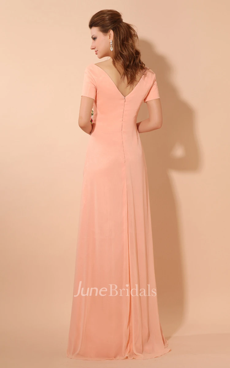 Chiffon Plunged Maxi V-Neck Short-Sleeve Dress With Pleating