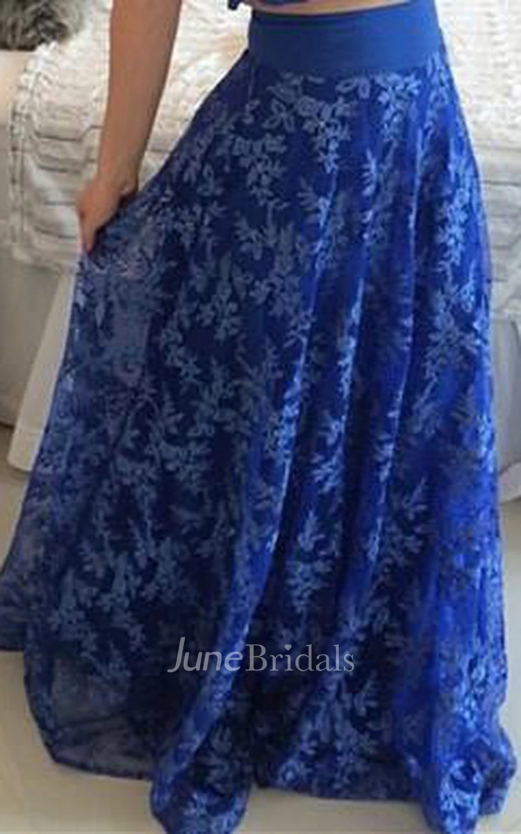 Sexy Two Piece Royal Blue Prom Dress Appliques Short Sleeve