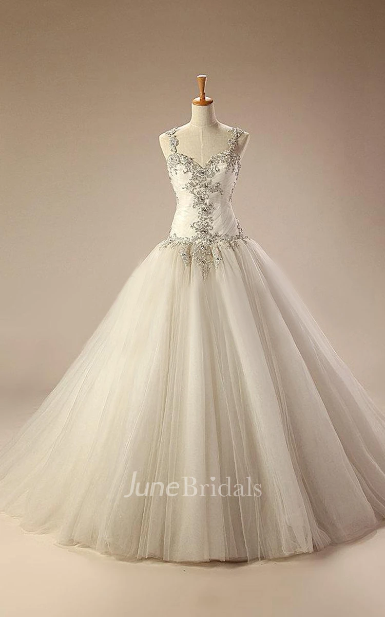 Straps Dropped Waist Long Tulle Wedding Dress With Appliques And Lace-Up Back
