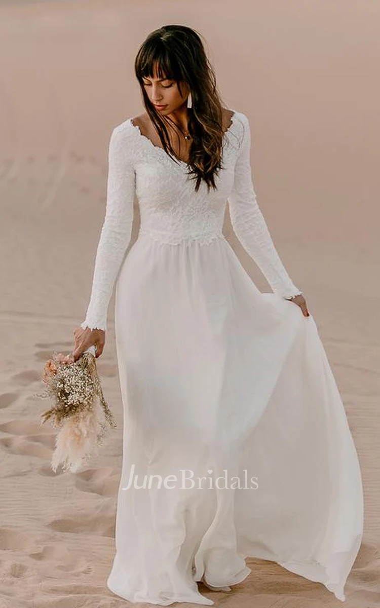 Bohemian Chiffon Lace V-neck A Line Long Sleeve Wedding Dress with Deep-V Back 