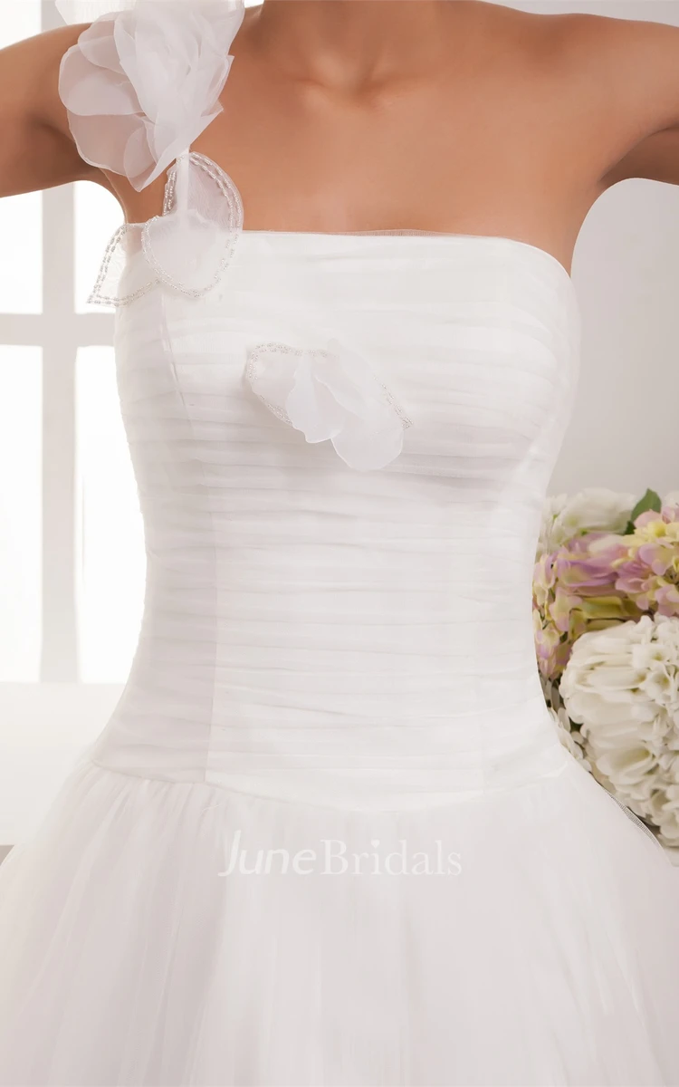One-Shoulder Tulle A-Line Dress with Ruching and Single Strap