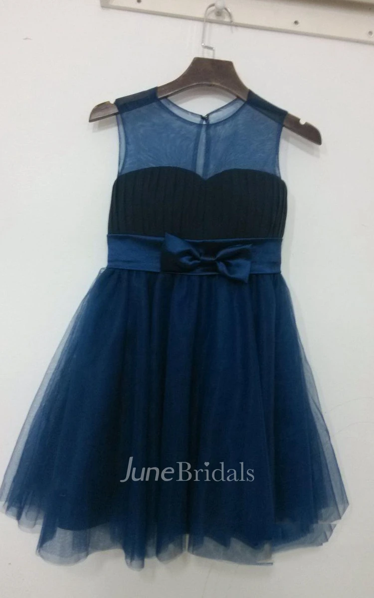 Navy Blue Sleeveless Jewel Neck Tulle Flower Girl Infant Party Dress