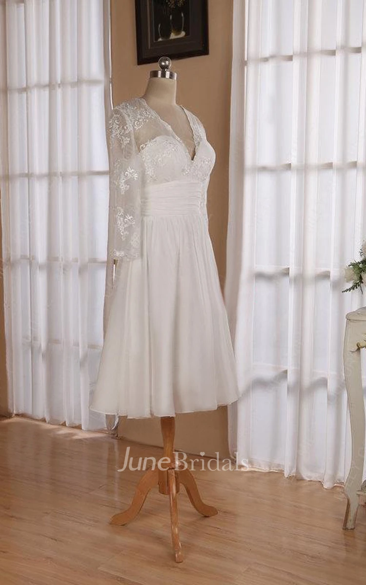 V Neck 3 4 Length Sleeve Chiffon Wedding Dress With Ruching And Illusion Back