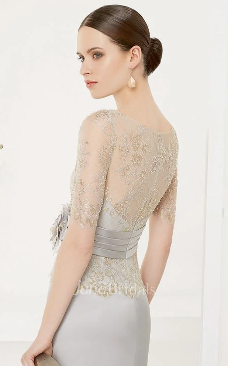 Bateau Short Sleeve Sheath Satin Long Dress With Lace Top And Flower