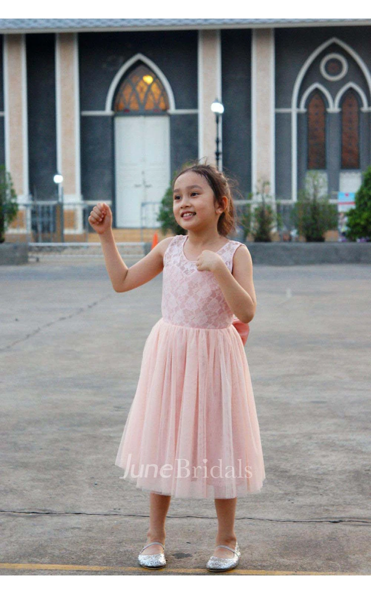 Blush Flower Lace Bodice Pleated A-line Tulle Flower Girl Dress With Bow Sash