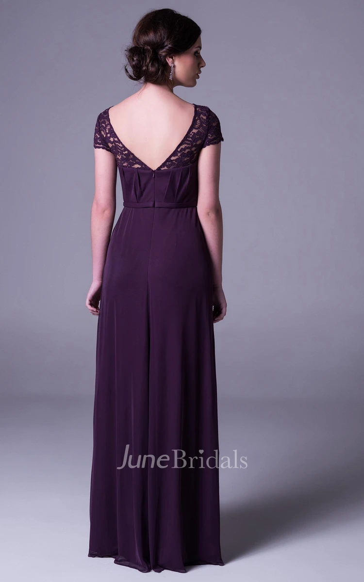 Short Sleeve Bateau Neck Caped Chiffon Bridesmaid Dress With Lace And Ruching