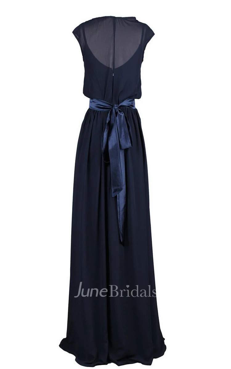 Cap-sleeved Long Chiffon Dress With Dropping