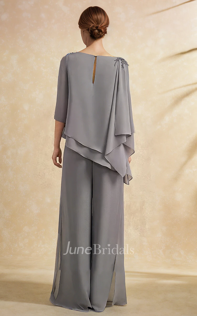 Two Piec Jewel Neck Modest Elegant Plus Size Floor Long Sleeve Peplum Mother Guest Pantsuit