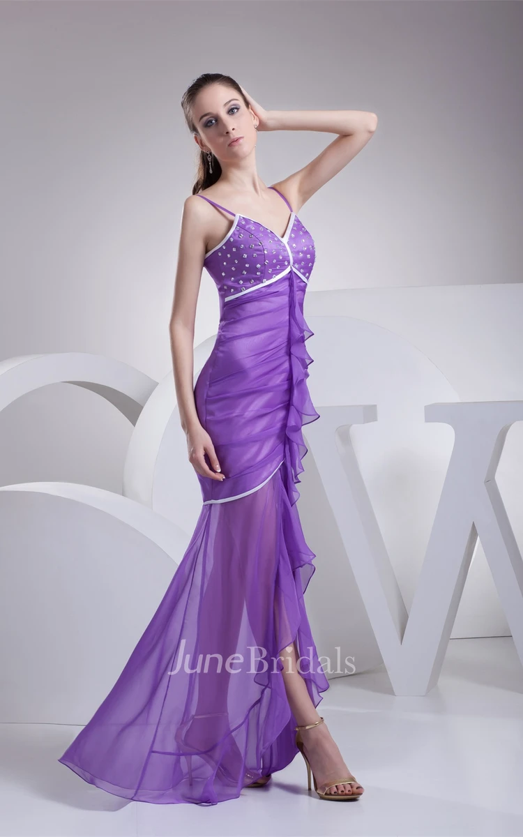 Spaghetti-Strap High-Low Mermaid Dress with Beading and Draping