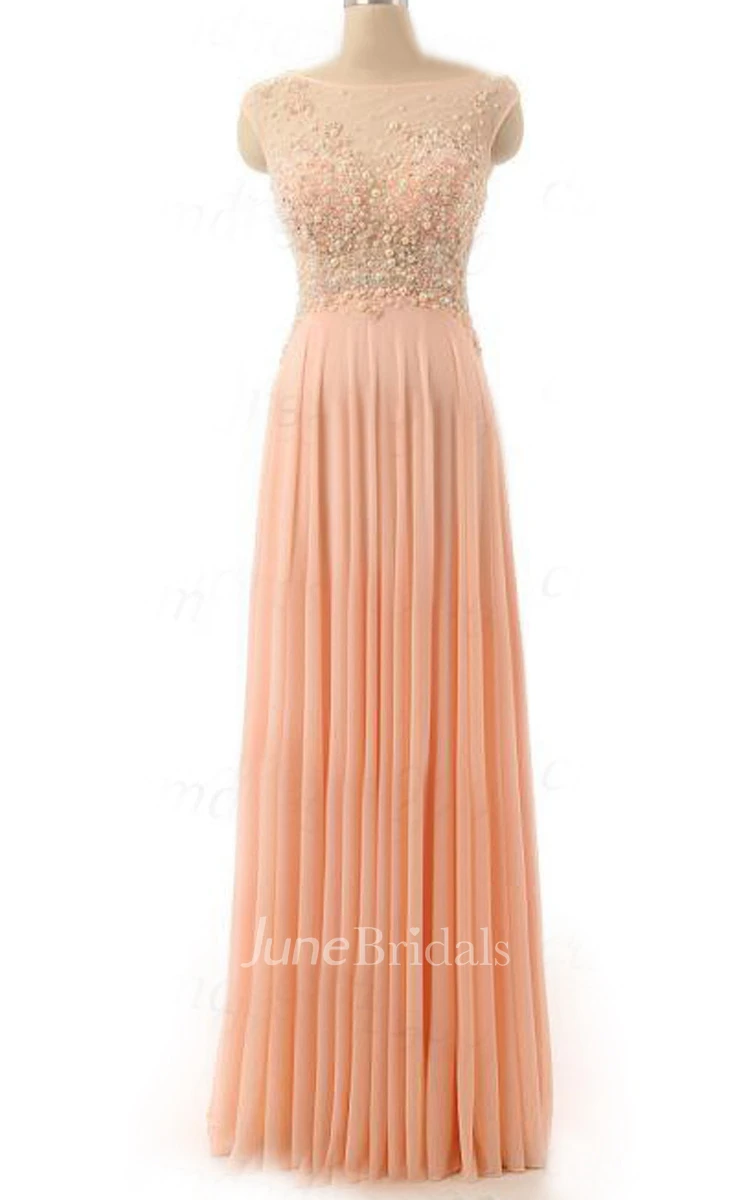 Elegant Cap Sleeve Illusion Chiffon Gown With Beading And Pleats