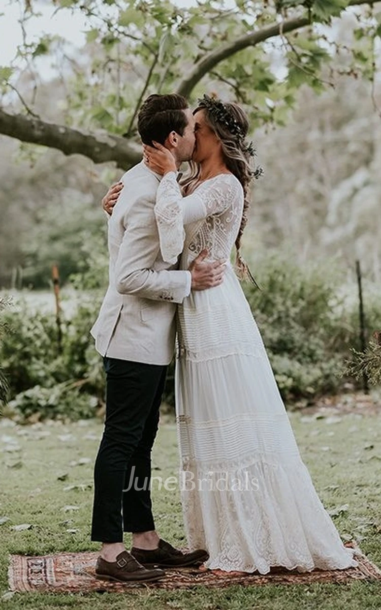 A-Line V-neck Lace Wedding Dress Casual Sexy Bohemian Adorable Beach Country Garden With Deep-V Back And Illusion Long Sleeves