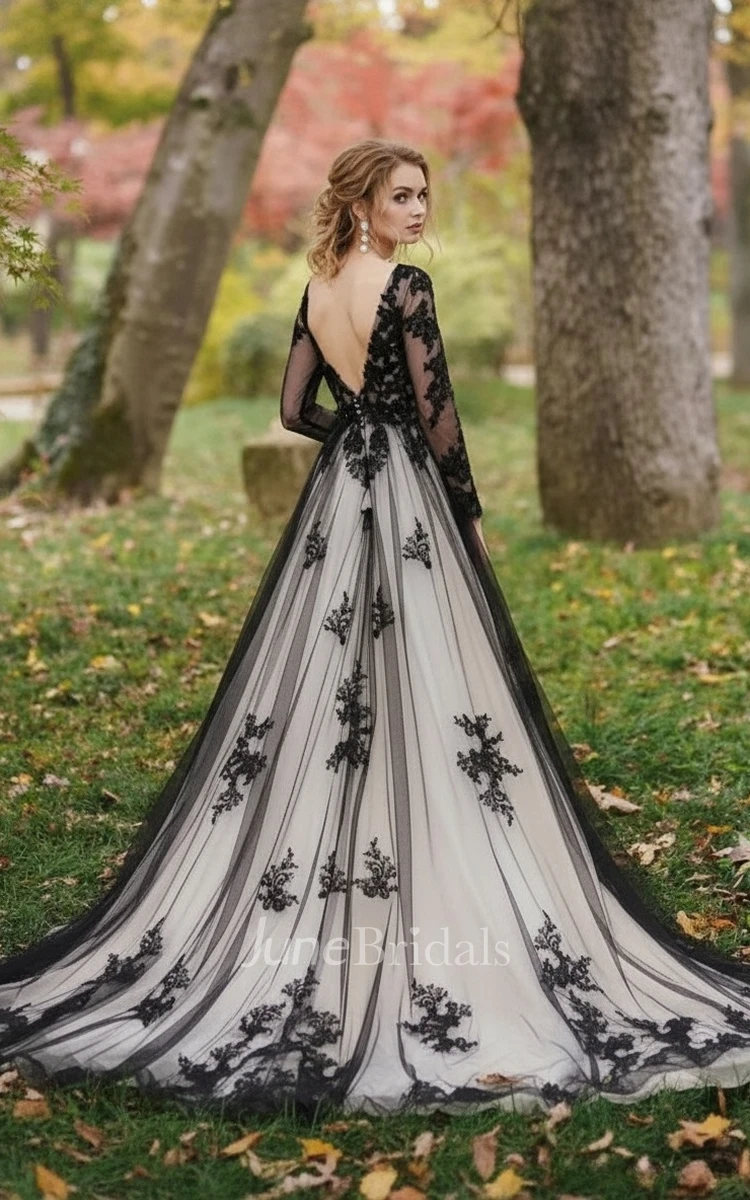 Gothic Long Sleeve Black Gown for Wedding A Line Boho Lace Deep-V Neck Flowy Bridal Dress