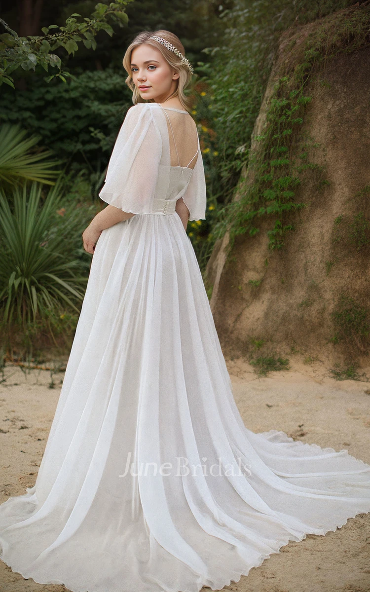 Simple Solid Chiffon Floor-length A-Line V-neck Wedding Dress Vintage Elegant Half Sleeve Backless Zipper Bridal Gown