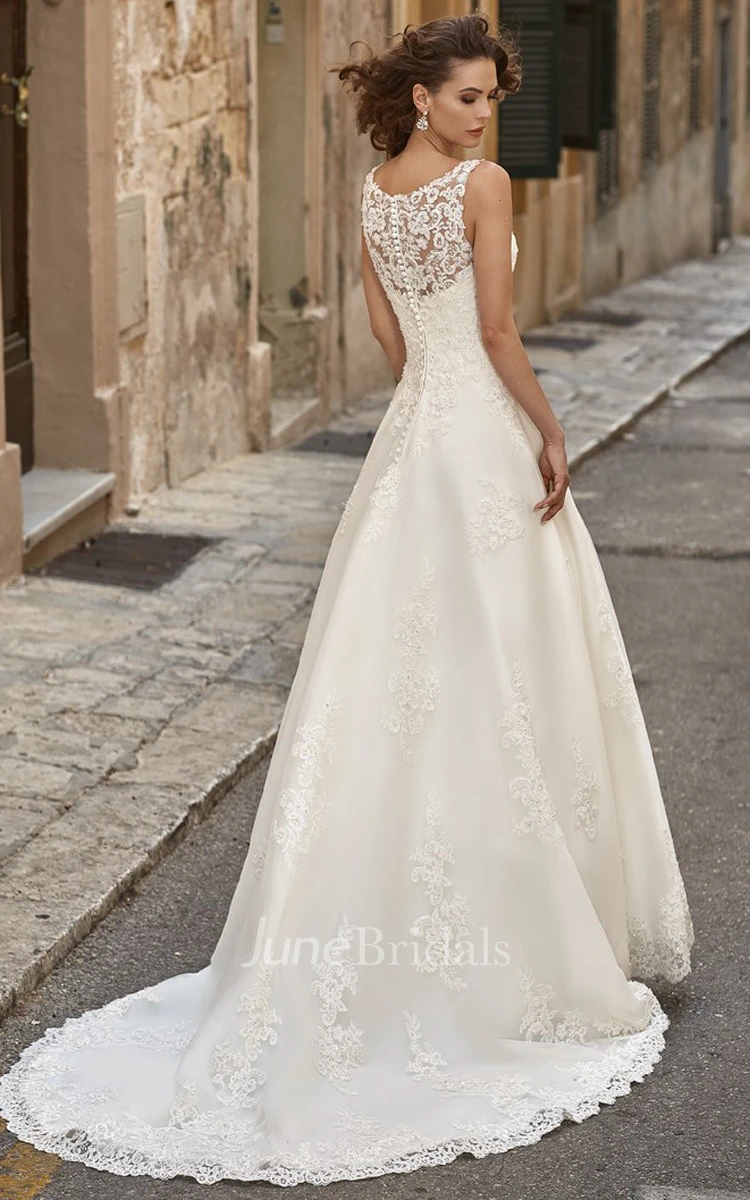 A-Line Long Appliqued Scoop-Neck Sleeveless Lace Wedding Dress